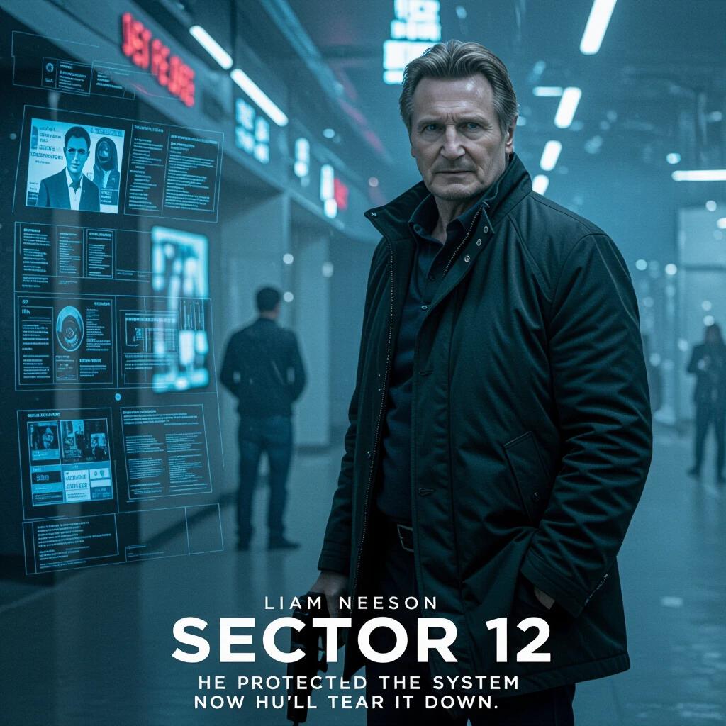 A sci-fi thriller movie poster. A male character stands in a futuristic corridor. Characters in the background display digital information. Neon lights highlight the intense atmosphere. The title and tagline are prominently featured.
