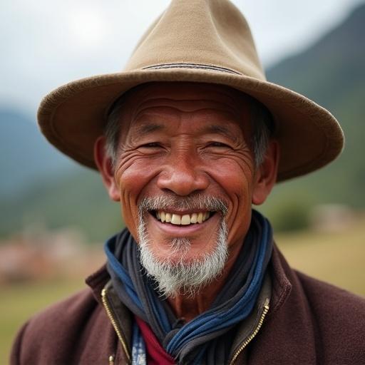 Closeup shot of a happy farmer in Bhutan. The man wears traditional clothing and a joyful expression. Natural setting reveals agricultural landscape. The atmosphere is warm and inviting.