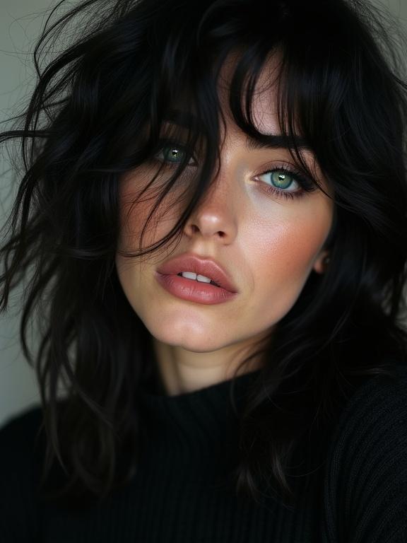Extreme close up macro portrait with heavy film grain of a beautiful 30 year old French rocker chick. She tilts her head to the right playfully. Her stylized black hair drapes over one eye in huge waves. The camera focuses on her vibrant turquoise eyes as she leans close to the lens. She has plump lips and a shy smile. Wears a black knit sweater off the shoulder.