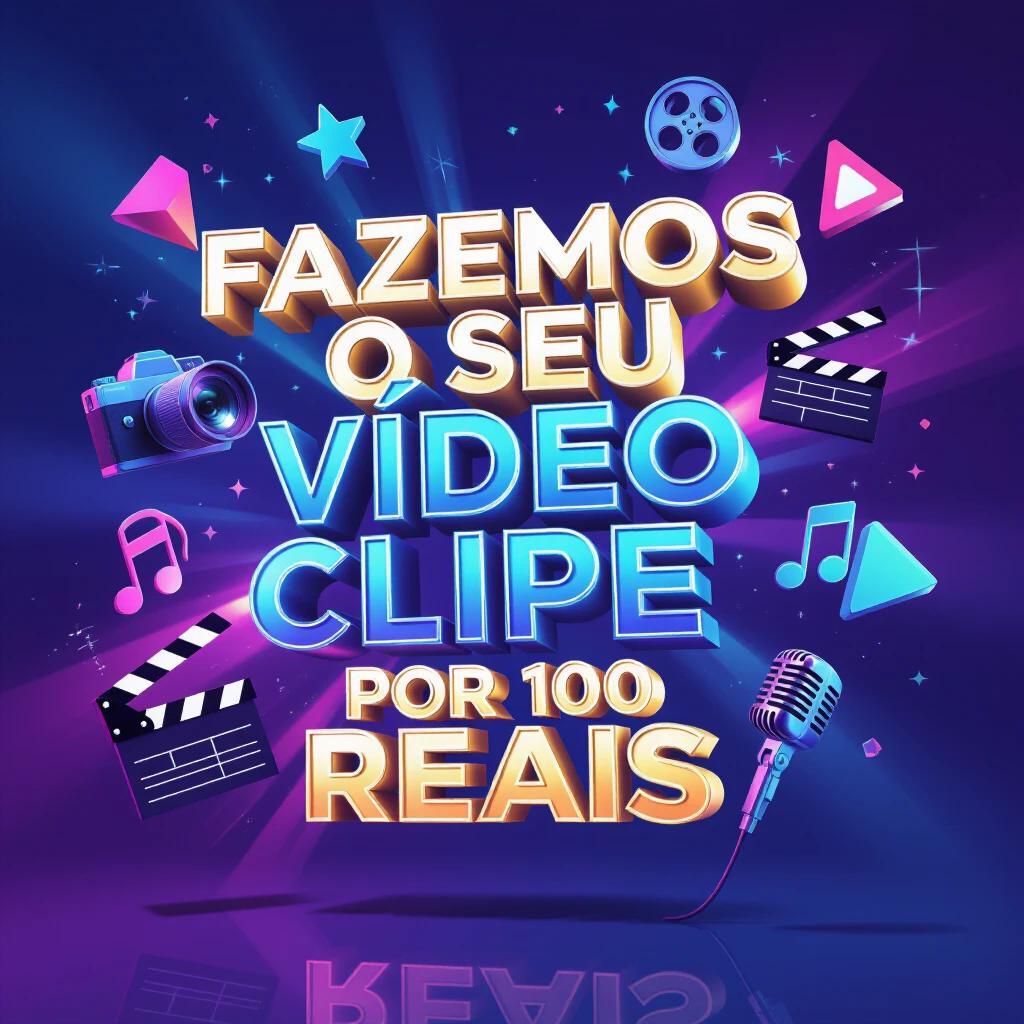 Vibrant 3D promotional poster featuring bold typography. Main text 'FAZEMOS O SEU VÍDEO CLIPE POR 100 REAIS' in large 3D letters with metallic gold and electric blue gradient finish. Surrounding floating 3D icons include a professional camera, film reels, clapperboard, musical notes, play button, and microphone, all in glossy materials with neon accents. Background includes abstract 3D shapes, light rays, and particles in purple, pink, and cyan colors. Use lens flares and cinematic lighting effects for a modern design.