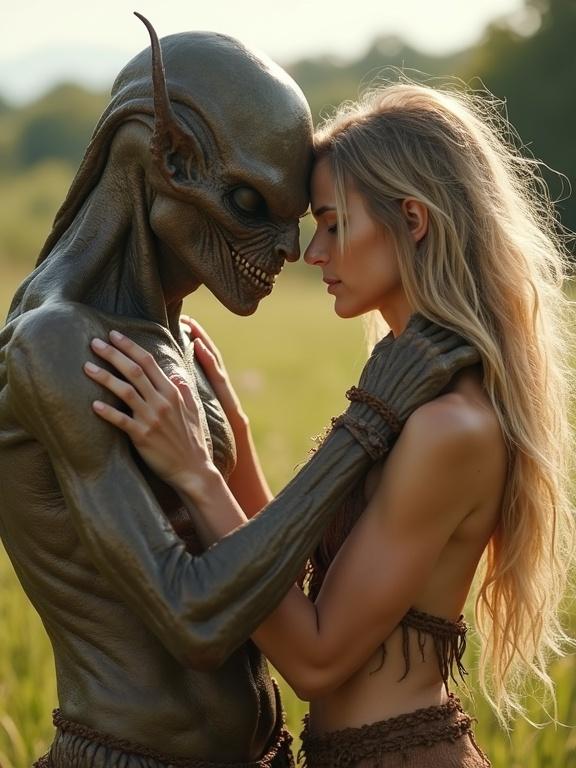 A slavic tribal woman in tattered clothing hugs an alien creature in a meadow. The scene captures friendship and connection with both characters showing relaxed emotions and eye contact. The woman has long blonde hair and a tanned, glowing complexion. They are in an outdoor setting with natural light.