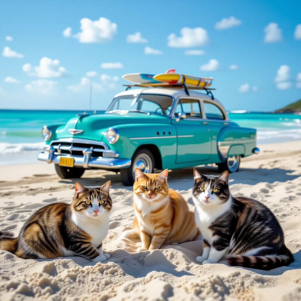 A beach scene with three cats sitting on the sand. A vintage turquoise car parked nearby. Waves and clouds in the background.