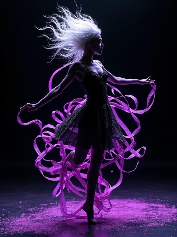 Dancer silhouette posed artfully. White hair, wrapped in neon purple ribbons. Macro photography, hyper-realistic digital art. Matte black background with splattered neon purple paint. High contrast, rich colors, sharp chrome lighting effects. Close-up, focused lighting, wide angle.