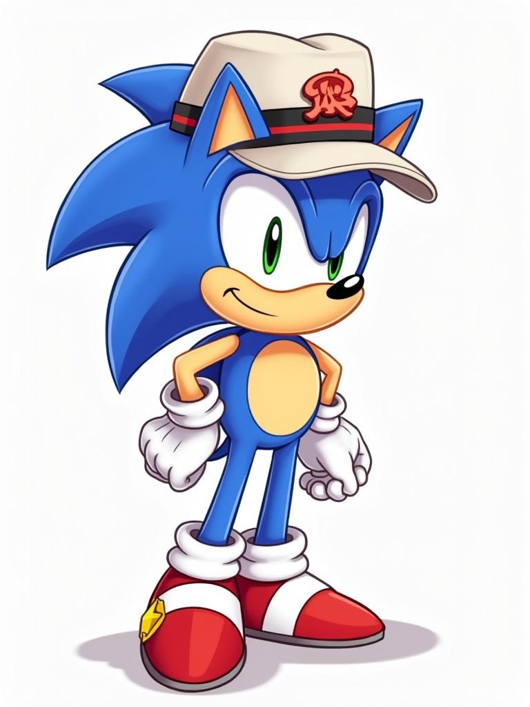 Sonic character with a blue hedgehog design wearing a ranger's hat. No background or other clothing included.