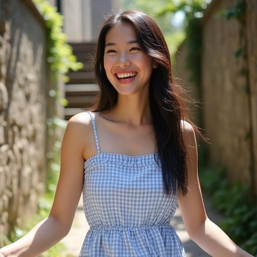 Image of a young woman smiling in a light blue and white checkered sundress standing outdoors. She has long dark hair and is positioned in a sunlit alleyway. The background features textured stone walls and greenery. She has her arms outstretched and is looking slightly to her right.