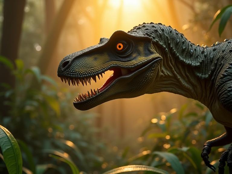 Close-up of a Velociraptor head in a jungle. Hyper-detailed image with bright golden hour rays. Dense bioluminescent canopy surrounding the raptor. Iridescent scales are shining with sharp fangs. Mist swirls around hyper-realistic ferns and ancient ruins. Motion blur on the tail highlights claws. Cinematic quality.