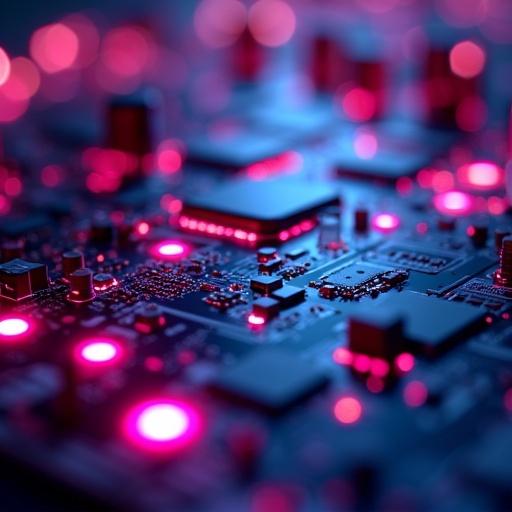 Futuristic circuit board features glowing pink and blue LEDs. LED lights create depth of field effect on the circuit. Intricate design captured in macro perspective.