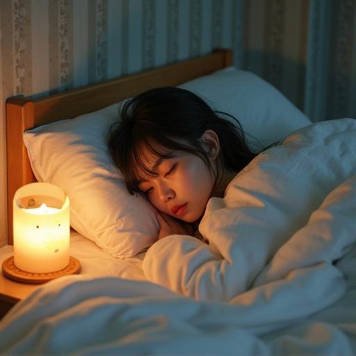 Young woman sleeping in a cozy bedroom with soft lighting. Comfortable bedding. Peaceful atmosphere.