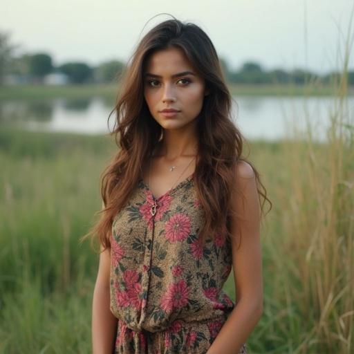 Woman in elegant floral dress against beautiful nature backdrop. Calm lake and green grass in the background. Soft lighting enhances overall serenity.