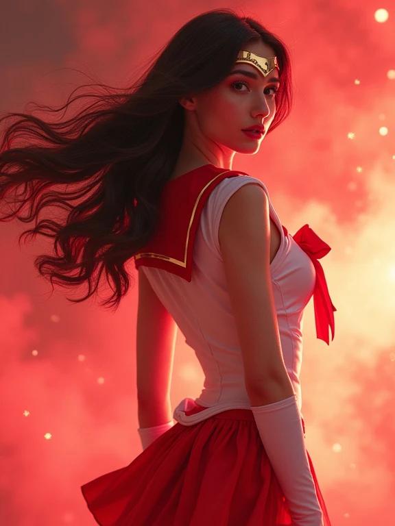 Futuristic interpretation of Sailor Mars character appears on the left. Character has clenched fists. Wearing a high-tech version of iconic red and white sailor uniform. White blouse features bright red bow and intricate patterns. Short red pleated skirt has translucent glowing panels. Long flowing black hair increases imposing presence. Red high-heeled shoes add elegance and sophistication. Surrounded by vivid flames and sparks creating a powerful aura.