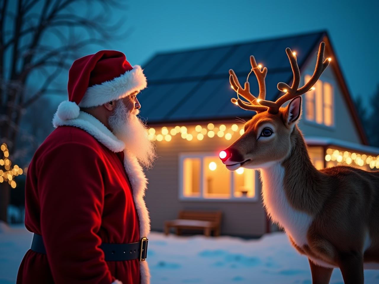 Santa Claus admires a Christmas-decorated house with solar panels. Rudolph has a bright red nose.