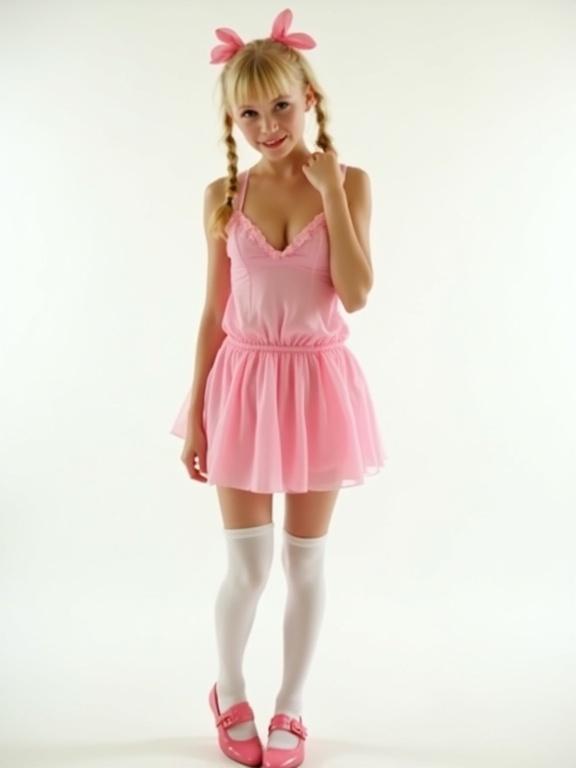 Full body image of a girl wearing a mini sundress. The dress is pink and features a youthful design. She has twintails secured with a bow. The background is white. The girl is smiling and stands confidently. Her attire includes thigh high socks and pink shoes. The image showcases a playful and fresh aesthetic.