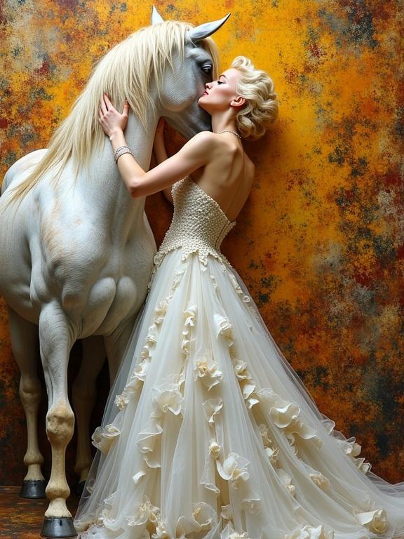 Detailed 3D masterpiece artwork featuring a woman in a flowing white gown embracing a white horse. Whimsical and intricately detailed, capturing a passionate moment. Influenced by the styles of famed artists with a vintage Hollywood theme.