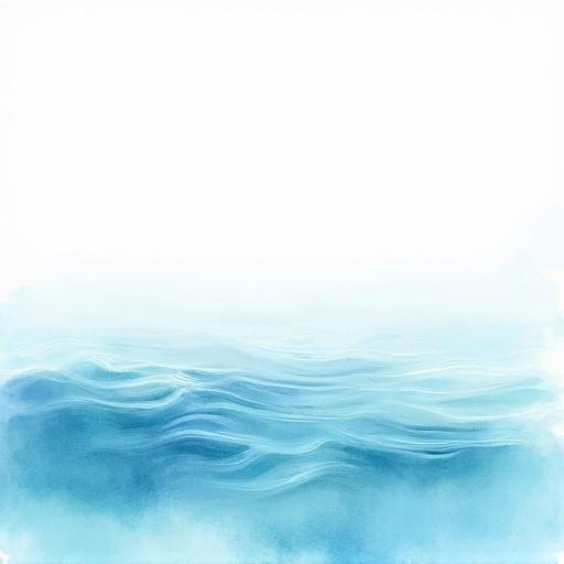 Watercolor artwork featuring a blank background with a rippling blue sea. Soft pastel colors create a gentle atmosphere. Waves smoothly blend into the background.