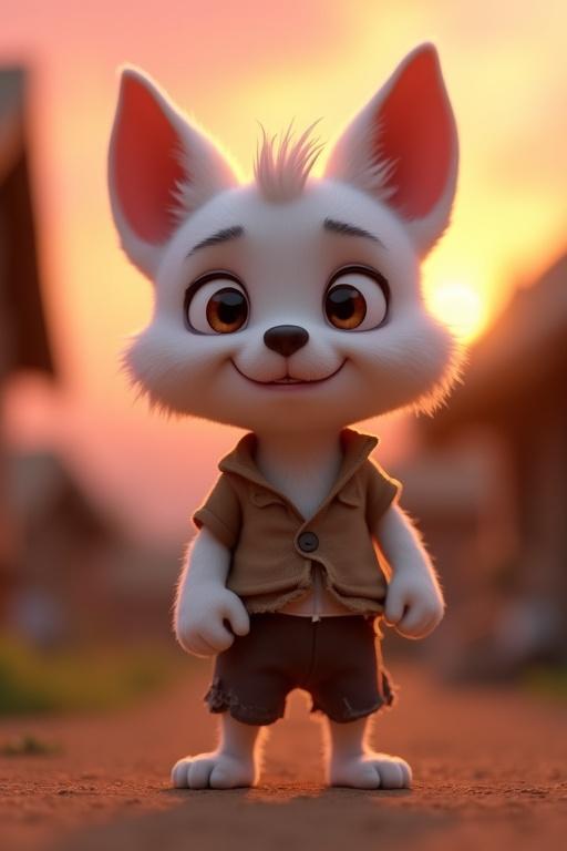 Close-up of Tuku, a small white puppy character. Tuku has white fur and eyes filled with tears. Tuku stands on two legs wearing a brown shirt and torn pants. Background is a blurred village at dusk with warm sky hues. Soft lighting highlights Tuku's features.