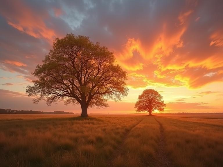 Two trees standing in a golden field under a vibrant sunset sky. The scene depicts fall colors with dynamic highlights. The landscape presents a romanticized version of the wilderness in a panoramic style, resembling a National Geographic photograph.