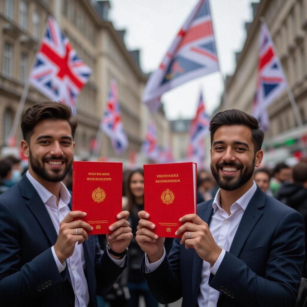 Two men stand holding red books. Flags are in the background creating a complex setting. The scene is lively with many people around.