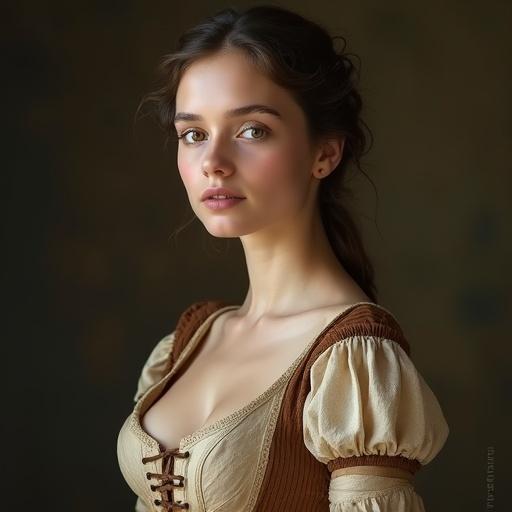Portrait of a young European medieval townswoman in a modest dress. The woman has smooth porcelain skin and warm brown eyes. The dress is in earthy tones with a low neckline and slight slits in the skirt. The expression is soft and inviting. The focus is on the upper body against a clean background. High level of detail with studio lighting accentuating her features.
