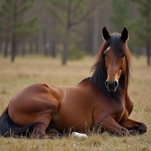 Female horse laying on her back with her rear facing the camera. Belly is presented. Horse is in a natural setting.