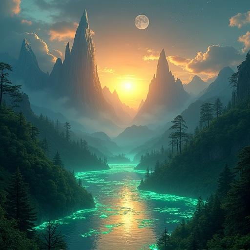 A majestic fantasy valley at twilight with towering crystal spires reflecting a golden sunset. Lush emerald forests surround a serene river glowing with bioluminescent algae. Misty mountains under a starry sky with two moons complete the scene. Hyper-detailed photorealism with cinematic lighting in 4K resolution.