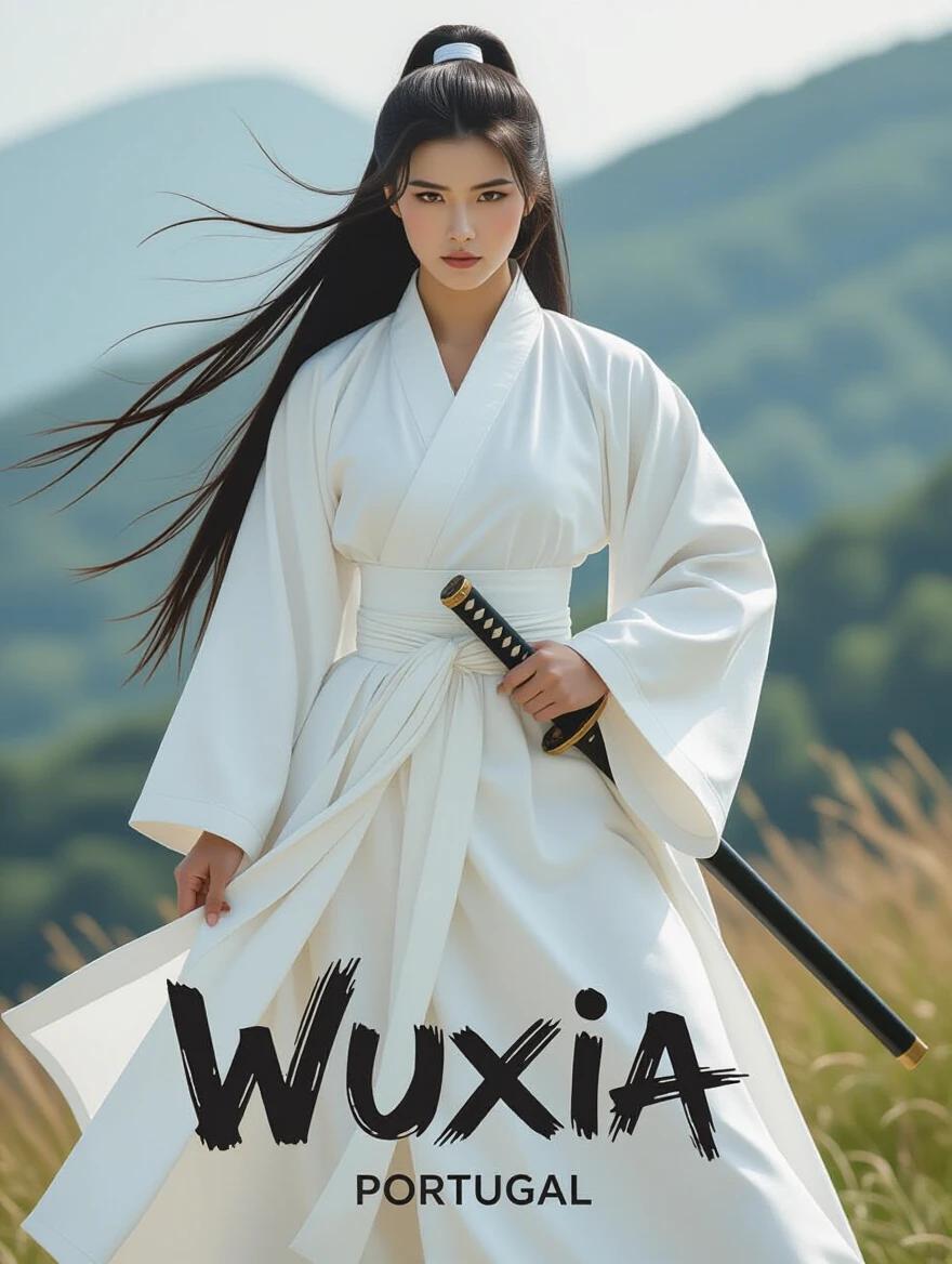 A woman in white traditional clothing stands in a field holding a sword. The backdrop features mountains and greenery. The title Wuxia Portugal is displayed prominently. The image has an action movie poster aesthetic.