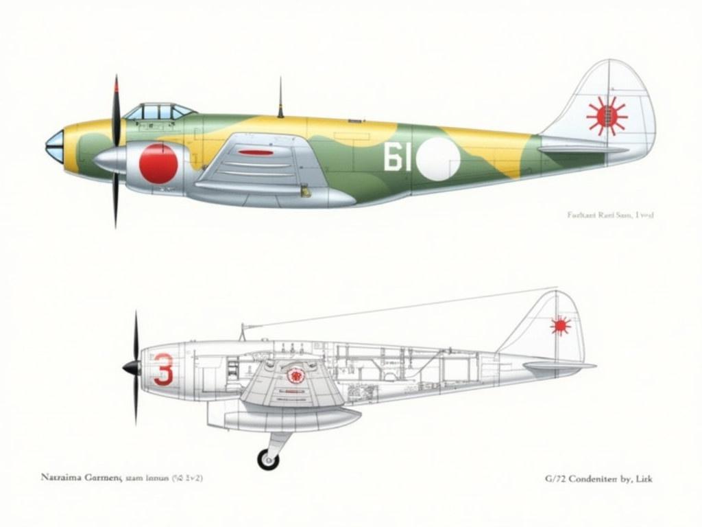 This image features two aircraft models represented in a drawing format. On the left, the Nakajima G5N Shinzan, also known as 'Liz', is illustrated in a colorful camouflage pattern with distinct Japanese markings. The aircraft design showcases a long fuselage with a round nose and propellers. On the right side, there is an illustration of a different model, possibly for comparison, showcasing its structure and propellers. The overall style of the illustration is clean and detailed, aimed at aircraft modeling enthusiasts. The scale of the model kits is indicated as 1/72.