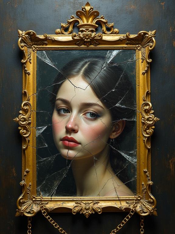 An antique painting shows a gilded frame around a shattered mirror. Fragments of glass reflect distorted images. The frame is embellished with ornate designs. Chains hold the broken pieces together. Overall an expression of fragility and beauty is conveyed.