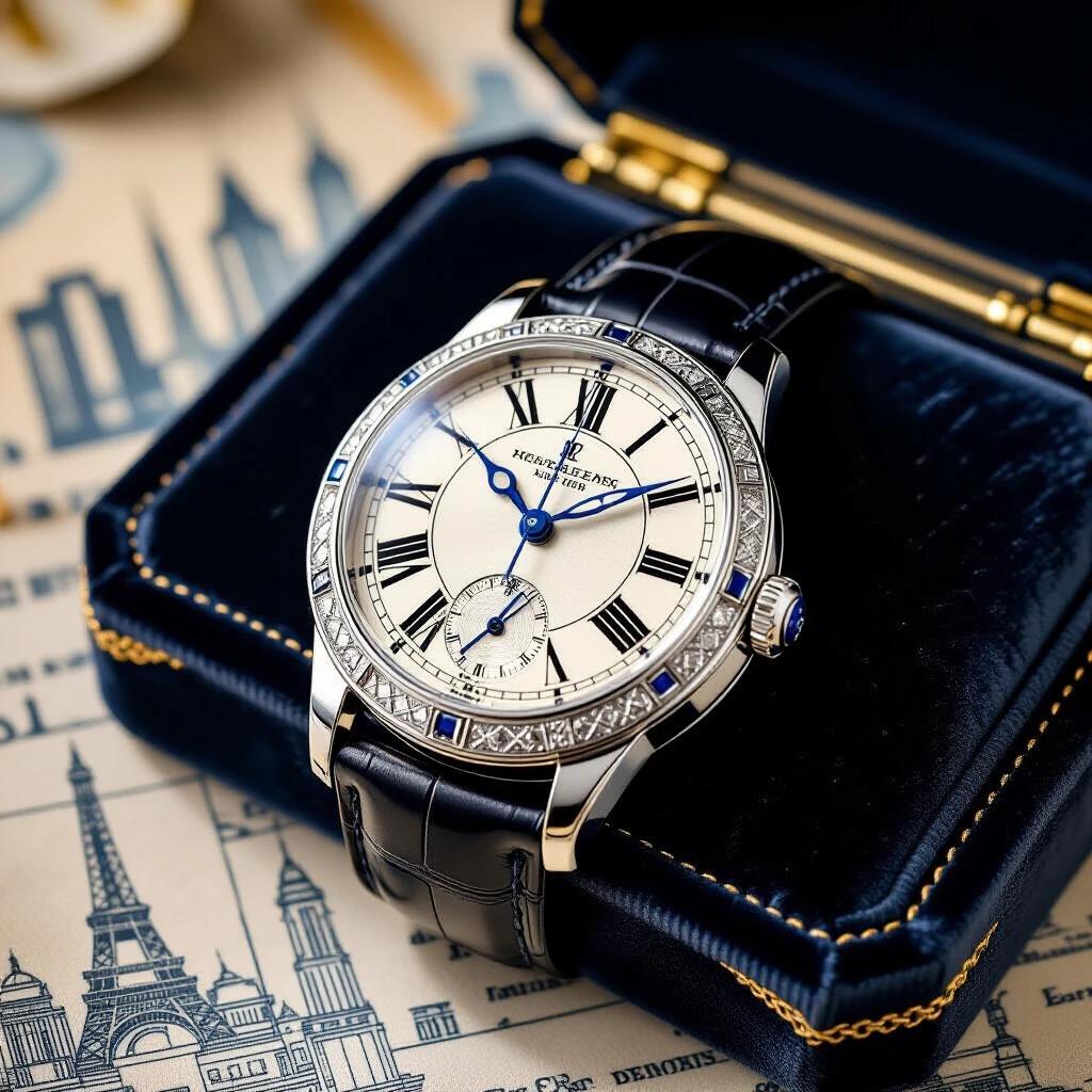 A hyperrealistic photograph showcases a 1920s Art Deco platinum wristwatch. The watch features a lozenge-shaped case, geometric engraved patterns, and black enamel accents. Cathedral-style hands point to a vintage cream dial with Roman numerals. Brushed platinum and a sapphire cabochon crown highlight the watch. It rests on faded navy velvet with gold-thread embroidery. Surrounding the watch are scattered vintage blueprints of Parisian skyscrapers. Dramatic Rembrandt lighting from above creates soft shadows on the velvet. This shot uses f/1.8 depth of field captured with a 100mm macro lens, resulting in a beautiful bokeh background. The overall atmosphere is moody and timeless, suggesting museum-quality imagery.