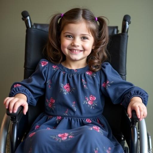 Photo of a young girl in a wheelchair. She has dark hair in two braids. She wears a dark blue dress with pink patterns and violet sandals. She is seated and uses a safety harness.