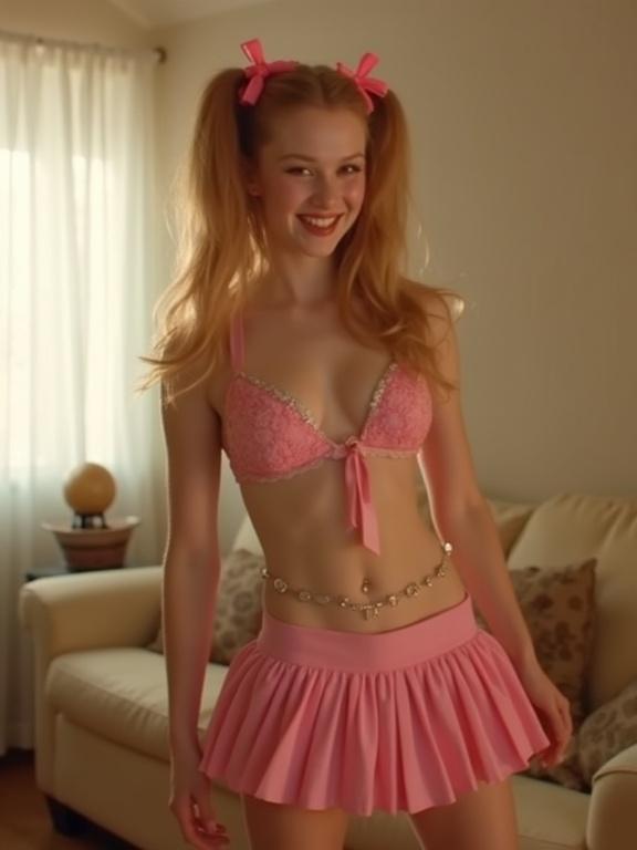 A still from a music video showcasing youth culture. The scene features a young individual in a playful pink outfit with long blonde hair styled in twin tails. Soft lighting bathes the living room setting, enhancing the flirty and carefree vibe. The outfit includes a crop top, a belly chain, and an ultra low-rise micro skirt, paired with thigh-high socks and simple black shoes. The focus is on the cheerful expression and stylish attire.