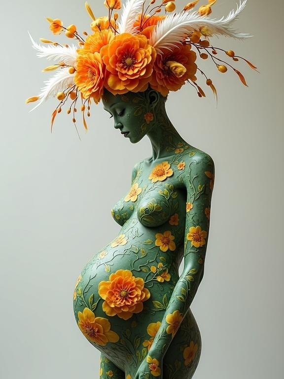 3D full body figure made of porcelain. Skin covered in dark green leaves and yellow orange flowers. Head adorned with a crown of orange peonies and feathers.