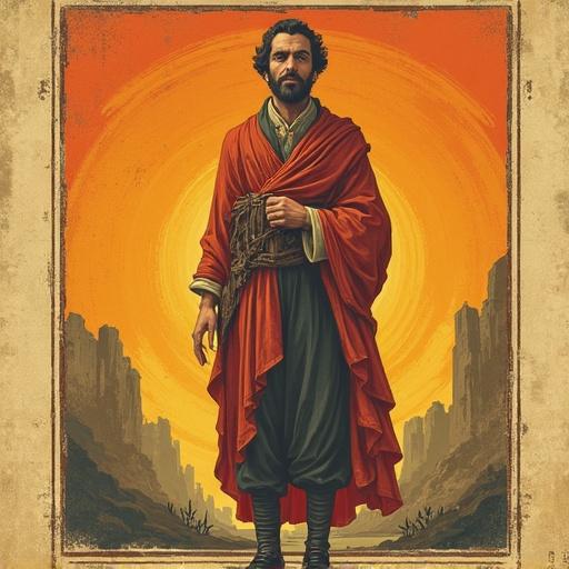 Artwork depicting a man standing with prominent eyes. Background features flat colored landscapes resembling ancient manuscripts. Vintage style with rounded edges. No bright colors used.