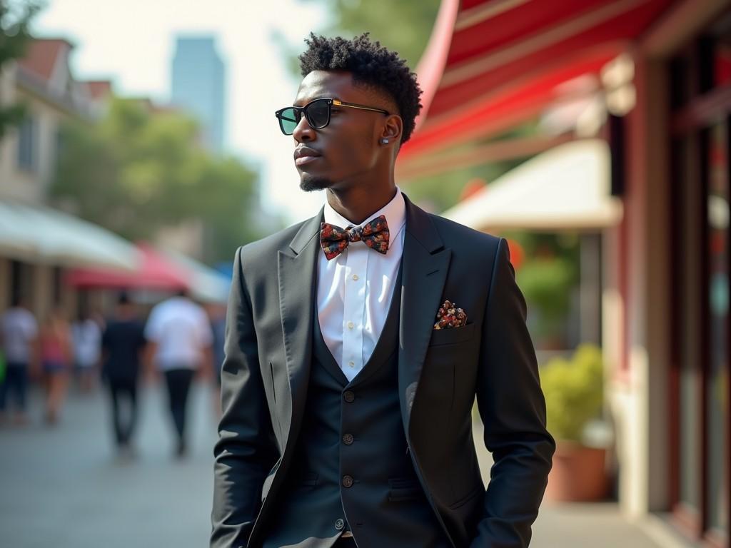 A stylish individual walks confidently down a bustling city street. Dressed in a sharp black suit with a patterned bow tie and matching pocket square, he exudes confidence and sophistication. The background features blurred figures and buildings, emphasizing the subject's prominence and the urban environment.