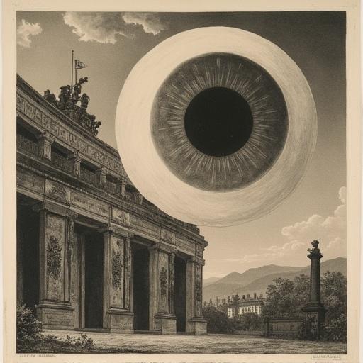 Aquatint printing features a giant eye bulb that floats over historical Roman architecture from the 19th century.