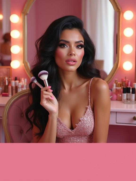 Glamorous character in luxury vanity room. Wearing flawless makeup with long lashes and glossy pink lips. Holding a makeup brush. Flirty and elegant atmosphere with soft lighting. Plush pink chair and cosmetics on the vanity. Mirror reflects a seductive smile. Style is high fashion and polished.