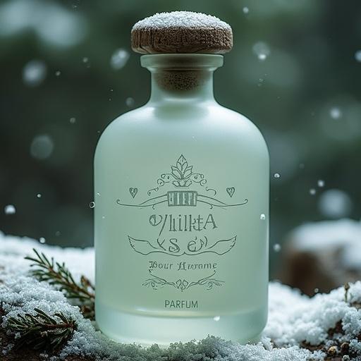 Create a winter-themed perfume moodboard with a unique bottle design. Use frosted glass with engraved typography. Include elements like juniper branches and immortelle flowers. Add textures of dark oakmoss and aged wood. Showcase snow-covered mountains with misty forests. Use deep green, snowy white, cold gray, and earth brown colors. Highlight the name ‘VULETTA’ and ‘Y’ESEN’ for men, with ‘PARFUM’ at the bottom.