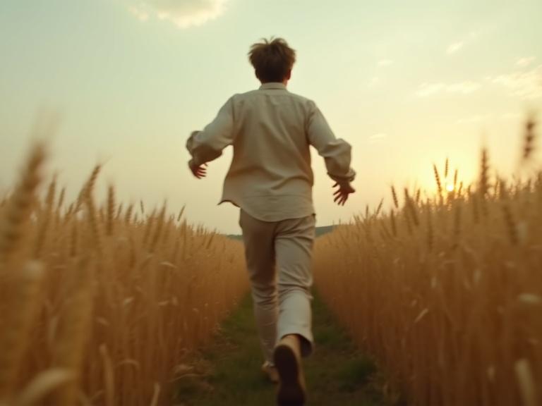 Cinematic photograph of a young man running through a quiet wheat field at dawn. Natural, muted colors create calm and tranquil atmosphere. Gentle lighting before sunrise. Slow shutter creates strong motion blur on figure and wheat. Loose-fitting beige cotton clothes flutter with movement. Foreground wheat heavily blurred emphasizing speed. Atmospheric scene with low horizon and soft gradients in the sky. No artificial tones, authentic rural morning.