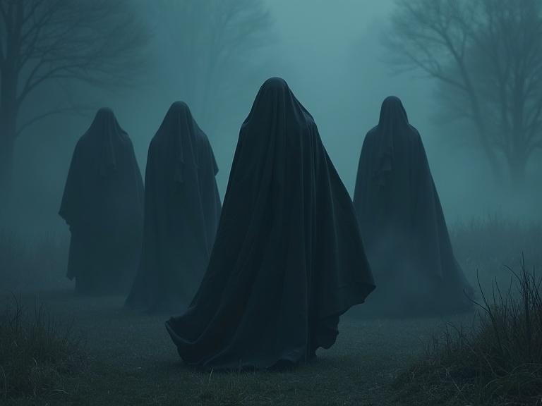 Loose robes fluttering in cold wind in the darkness. Ghostly fabric. No faces. Full mystery atmosphere.