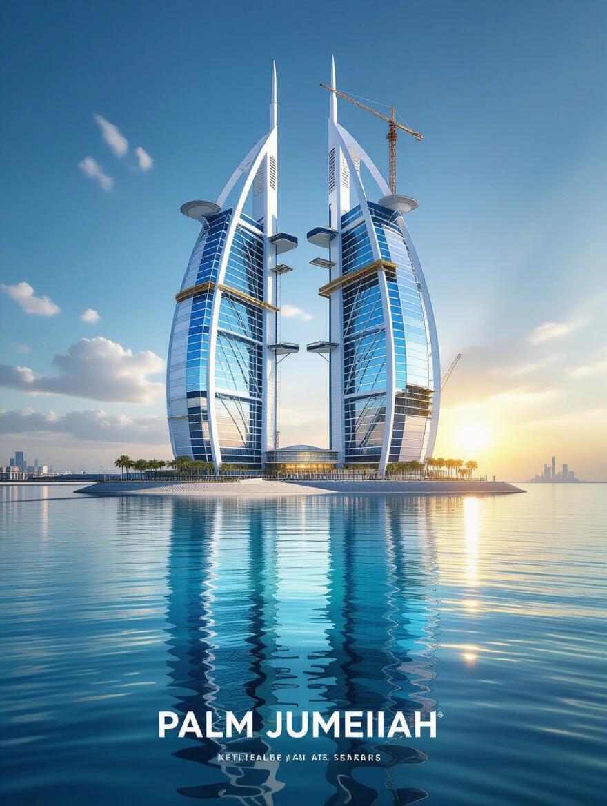 Design a poster illustrating Palm Jumeirah. Reflect its construction phases and evolution over time. Use a multi-dimensional temporal art style. Include transparent elements representing a time crystal. Show vibrant colors and futuristic architecture.