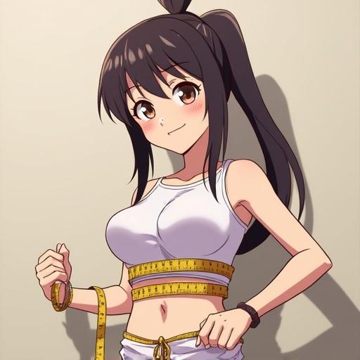 Anime girl tightening measuring tape around her chest with a confident smirk. She has long black hair and wears a white outfit. The background is light beige.