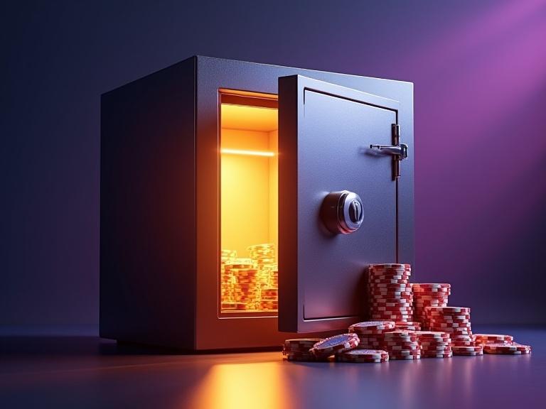 A 3D security vault with a matte brushed metal surface. The door is ajar with glowing amber light inside. Stacks of glowing coins are visible. Poker chips float around the door, reflecting light. The background has a gradient from twilight blue to violet with streaks. The composition includes moody lighting and shallow depth of field.