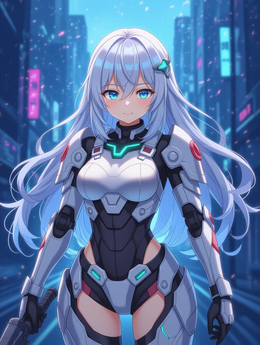 High-definition 4k quality anime girl in sci-fi armor. Scene is cinematic. Suitable for anime book covers.
