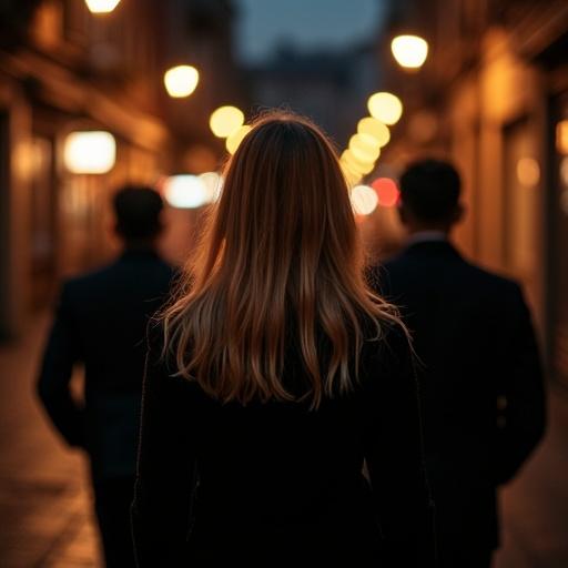 Istanbul at night shows a Turkish street with streetlights creating a mysterious atmosphere. Focus is on a blond woman with long hair walking ahead of two men. The scene is dimly lit and reflects urban nightlife.