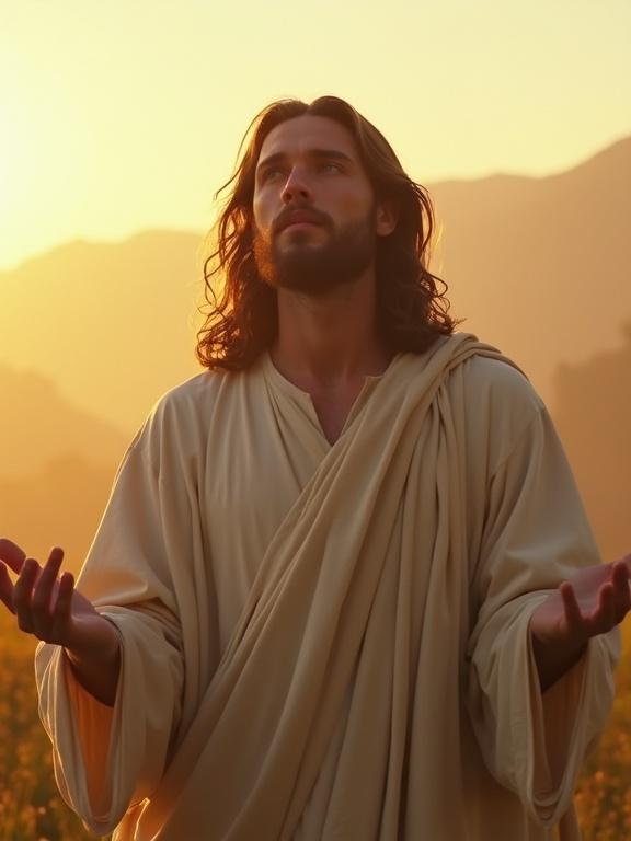 Serene image of Jesus with calm expression and hands extended. Soft countryside landscape at dawn with mist and sunlight. Art conveys clarity, hope, liberation.