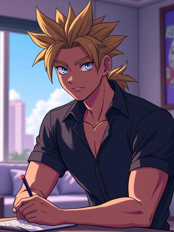 Anime teen boy studies for calculus exam. He has light brown spiky hair and muscular arms. The scene is inside a luxurious mega mansion bedroom with modern decor. Sunlight fills the room from a large window. The boy is focused on his work, writing notes and preparing for school.