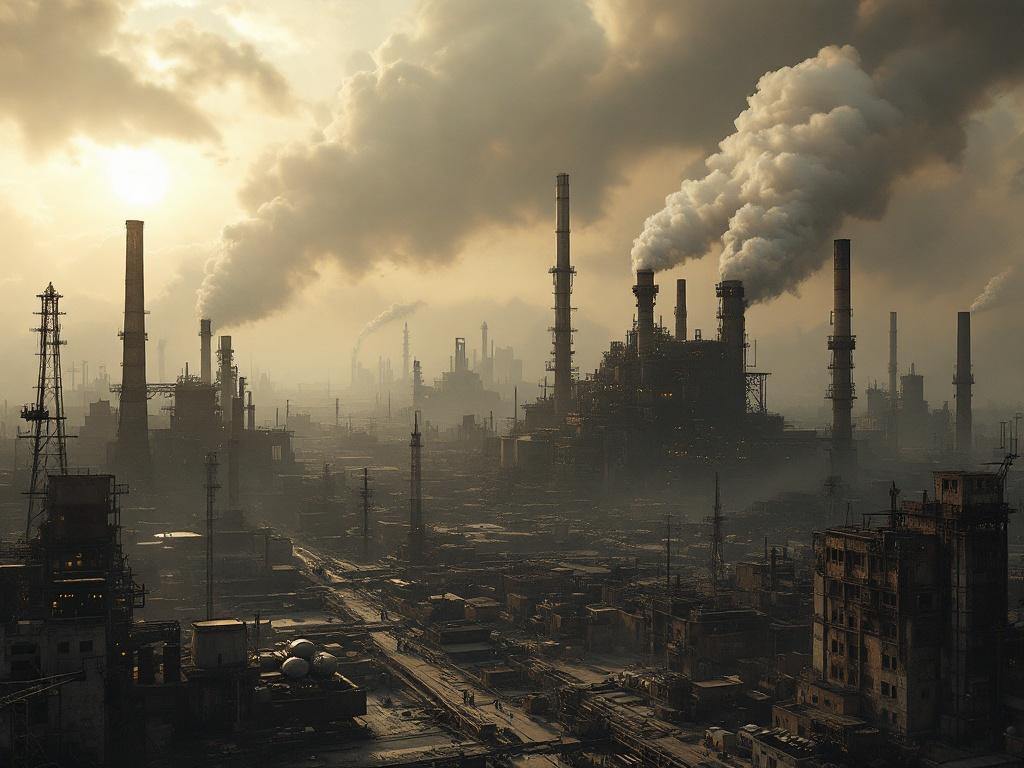 Design a sprawling post-apocalyptic industrial wasteland. Humanity survives in shadows of factories and decaying cities. Surrounded by ash-filled skies. Sun seldom breaks through smog. Graphics are hyperrealistic and highly detailed.