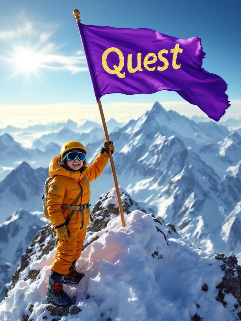 Children enjoy an adventure on Mount Everest. They wear colorful climbing gear. A purple flag with the word Quest is held by a child. Snowy mountains surround them under a clear blue sky. The sun creates a golden glow over the scene. Their expressions are joyful and proud.