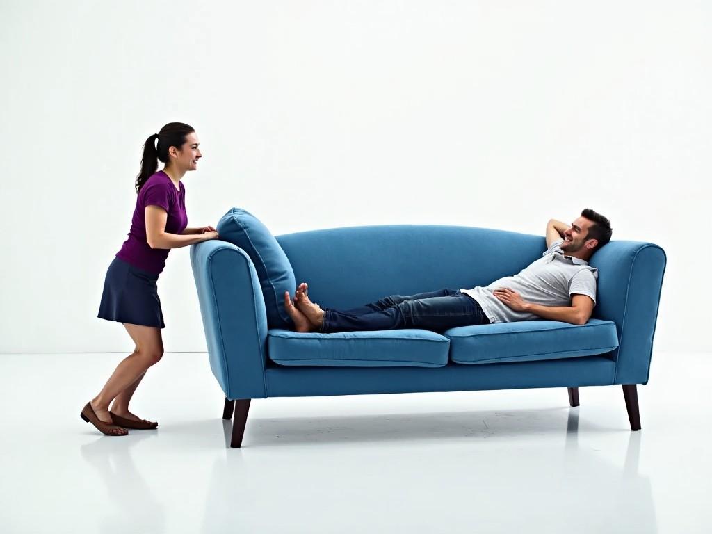 A woman in a purple top and skirt is dragging a large, blue sofa across a bright, minimalist room. The sofa has a rounded, plush appearance, suggesting it is comfortable. A man is lying on the sofa, being dragged away by the woman, with a surprised expression. The room has a plain white background, emphasizing the sofa and the individuals. The woman's expression is calm, contrasting the man's surprise as he is moved on the sofa.