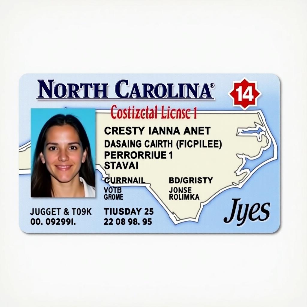 This image displays a North Carolina license card featuring personal information. It includes the name Cristy Ianna Anet, aged 25, with a date of birth of 22/08/1999. The background of the card shows a map of North Carolina, emphasizing the state's identity. The card is in a standard government design, utilizing shades of blue, white, and red, which enhance its official appearance. The clear headshot of the individual is positioned prominently, making the layout professional. Overall, this card serves functional purposes related to identity verification.