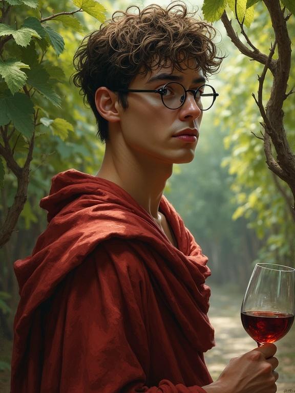 A young timid man in his early 20s wears round glasses and robes. He looks worried and pensive. The setting is outdoors among vines. He holds a glass of wine. The artistic style is semi-realistic with elements of dark heroic fantasy.